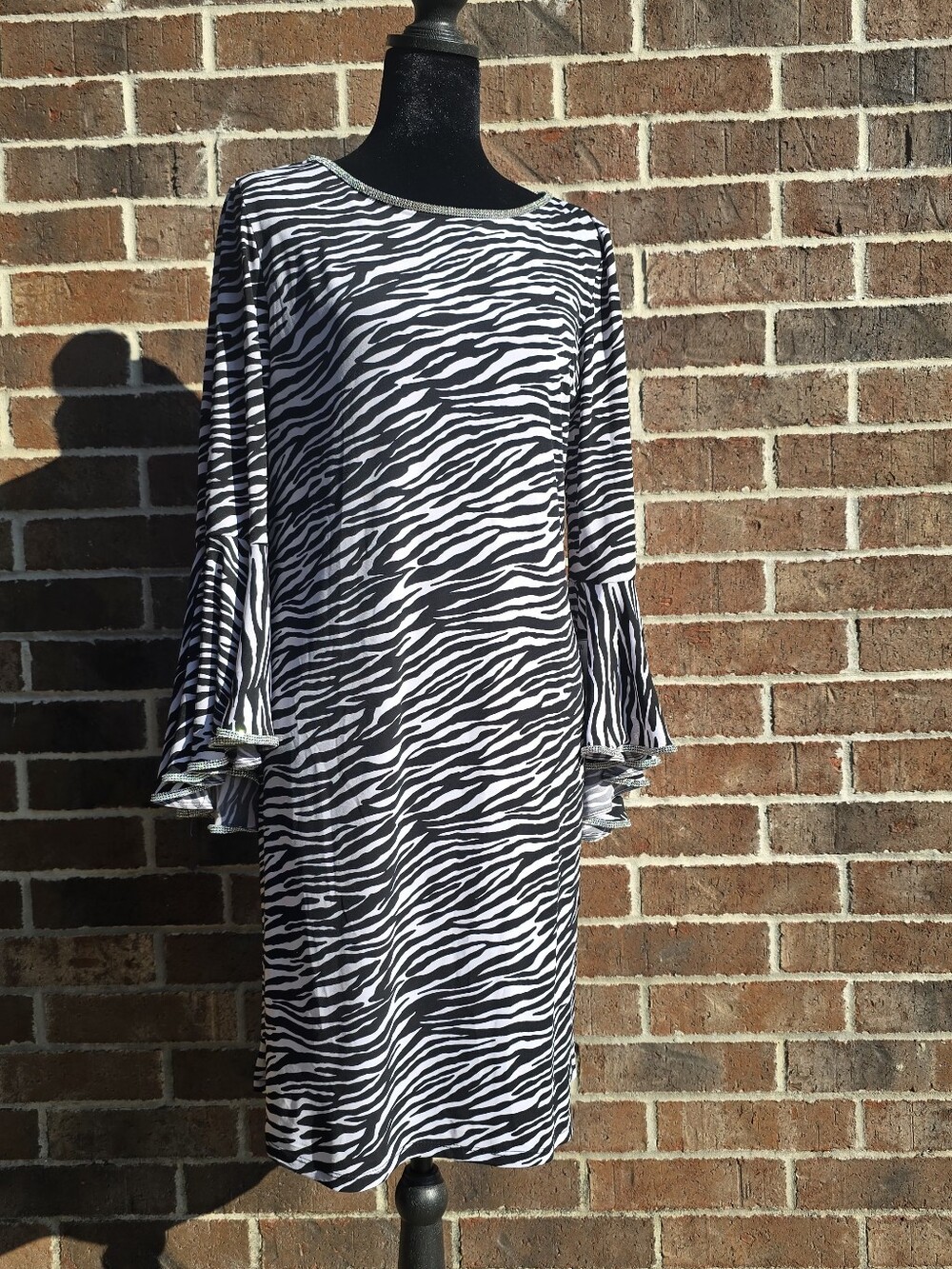 MSK Zebra Print Bell Sleeve Dress Size Large NWT Rhinestone Trim $79